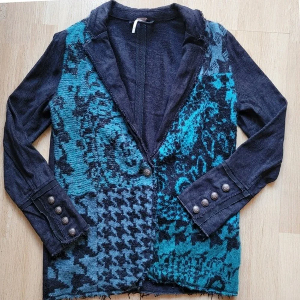 Free People Better Together‎ Teal Black Knit Front Blazer Jacket Wool Blend XS